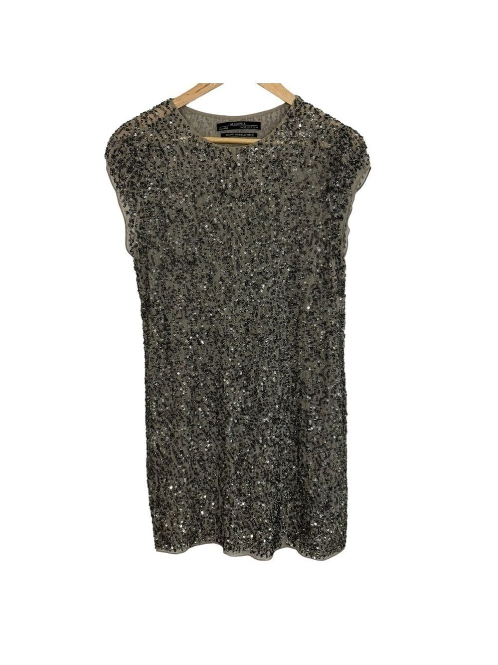 All Saints Sequin Beaded Cocktail Dress Sz 4 Grey Silver Party Vacation Event